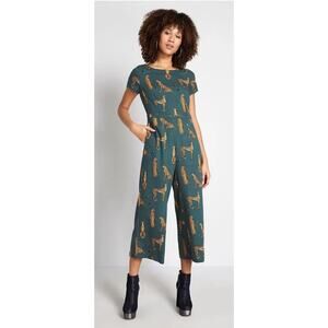 Modcloth Women's Bold Notion Cheetah Printed Green Jumpsuit Linen Blend - Size L